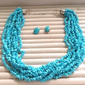 Sleeping Beauty Turquoise 8 Strand Torsade Necklace & Earrings Sterling Silver